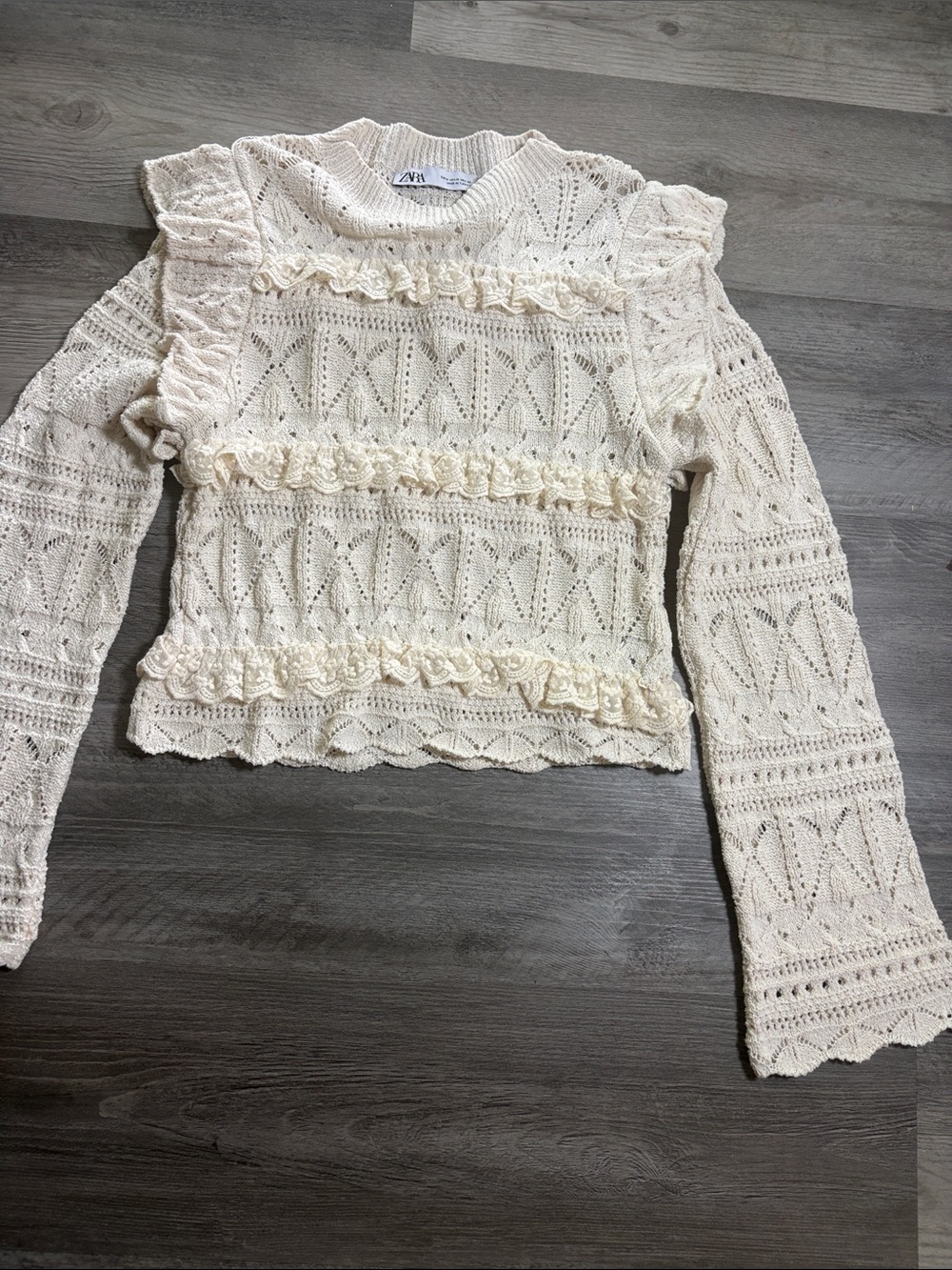 Zara Ivory Crochet Ruffle Sweater